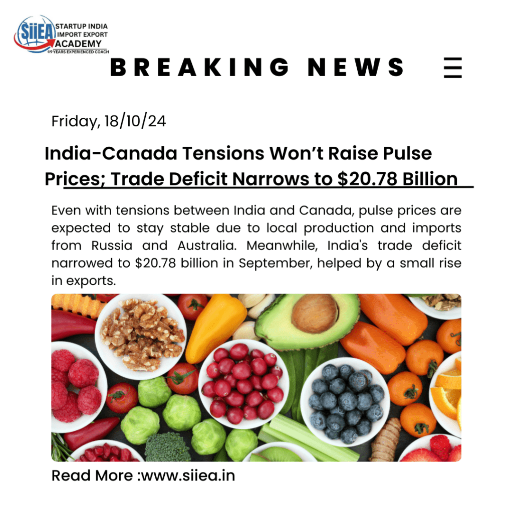 India-Canada tensions have no impact on pulse prices, with stable prices expected. India's trade deficit improves, narrowing to $20.78 billion in September.